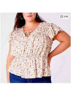 Lane Bryant Cream Floral Tie-Neck Peplum Blouse